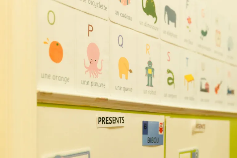 French alphabet chart on the classroom wall