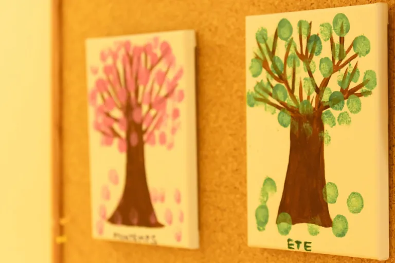Children's tree paintings displayed on the wall