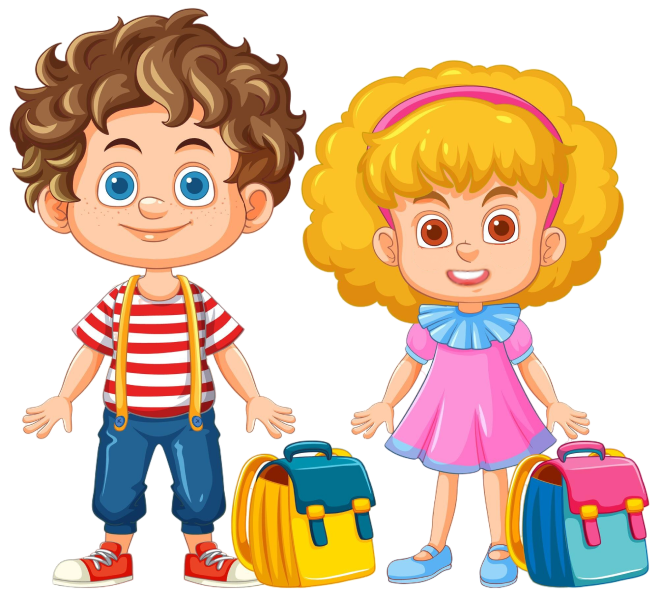 Cartoon illustration of a boy and girl with backpacks at La Maternelle, a French immersion preschool