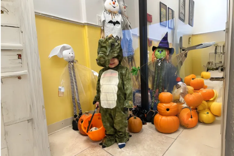 Halloween decorations with pumpkins in the school hallway