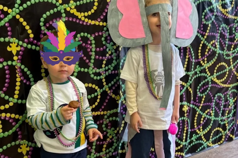 Child in a feathered Mardi Gras mask