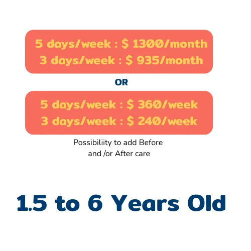 Tuition rates: 5 days a week $1,300/month, 3 days a week $935/month, with weekly options and before/after care