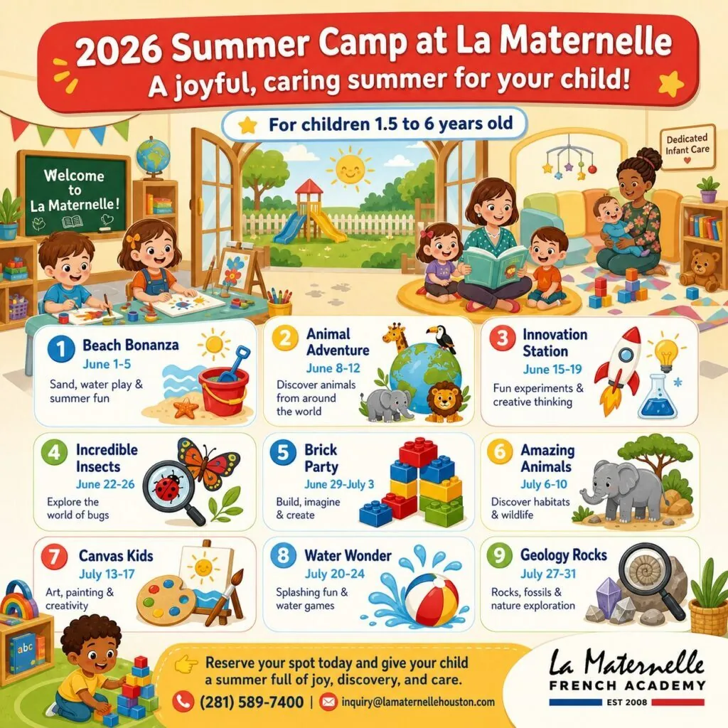 2026 Summer Camp at La Maternelle flyer listing weekly themes and activities